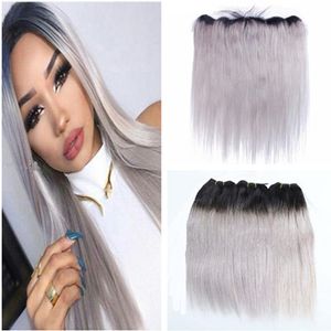 Two Tone 1B Grey Human Hair With Lace Frontal Closure Ombre Straight Hair With Lace Frontal Closure Sliver Grey Brazilian Virgin Hair