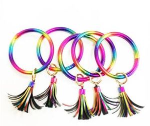 PU Couro Couro Pulseira Chaveiro Colorido Chaveiro Círculo Borla Mulheres Braceletes Da Menina Chaveiros