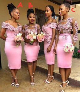 2020 Sheath African Bridesmaid Dresses Same Color Different Style Long Sleeve Lace Applique Formal Party Gown Beads Short Black Girl Prom