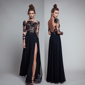 Modest Black Sheer Long Sleeves Evening Dresses Berta Lace Bateau A Line Chiffon High-Thigh Split Prom Gowns Sexy Backless ED1354