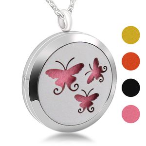 Mode Rostfritt Stål Skuren Openwork Butterfly Box Aromaterapi Essential Oil Couple Charm Round Pendant