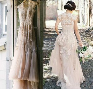 2019 vintage blush rosa a-line tulle land bröllopsklänningar ren v nacke applique golv längd skräddarsydda plus storlek brudklänningar billigt