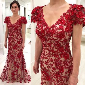 Red Mother Of The Bride Dresses Pearls Appliqued Short Sleeves Mermaid Wedding Guest Gowns Custom Made Mother Dress Plus Size