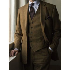 2020 nowe męskie garnitury Notch Lapel 3 szt. Custome Homme Wedding Groom Brown Business Man Tweed garnitury