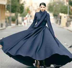 Simple Long Sleeves Black Muslim Evening Dresses High Neck Long Sleeve Ruched Abric Dubai Formal Prom Gown Satin Party Dress