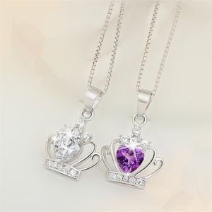 Female Classic Royal Purple Crown Shape Pendant Necklace Wedding Bride Party Jewelry Anniversary Gifts For Women White Gold Plated