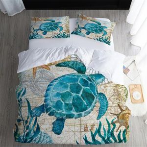 Kaplumbağa Nevresim 3D Full Kraliçe Deniz Dekoratif Yorgan Yastık Ev Yatak Setleri ile kapak 3PCS / Set Deniz Hayvan Yatak Seti King Size