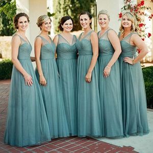 Plus Size Hunter Sheer V Neck Bridesmaid Dresses A Line Tulle Floor Length Wedding Guest Dresses Maid of Honor Groups Gowns