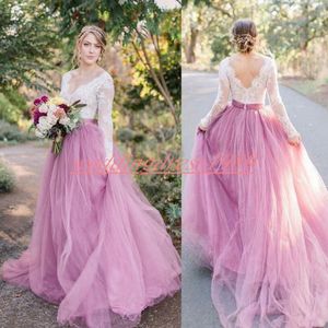 Elegance Pink V-Neck ball gown Wedding Lace Long Sleeve Sheer Church Bridal Gown Chapel Train With Appliques Crystal Wedding Dress