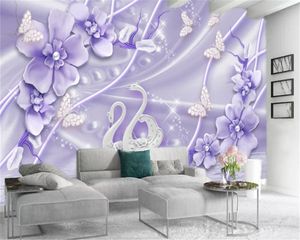 Custom 3d Flower Wallpaper Fantasy Purple Flowers Swan Lake Beautiful Romance Living Room Bedroom Mural Wallpaper