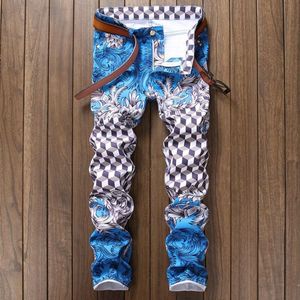 Męskie 3D Digital Drukowane Drukowane Dżinsy Designer Mody Slim Fit Spring Letnie Dżnowo Spodnie Hip Hop Skinny Spodnie dla mężczyzn 586