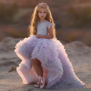 Low New High Lace Flower Jewel Neck First Communion Gowns for Little Girl Short Sleeves Princess Girls Pageant Dresses s