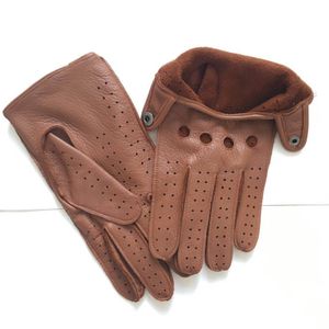 Fashion-Men's Fall and Winter Äkta läderhandskar Ny mode Brand Brown Warm Driving Olined Gloves Geatskin Mittens