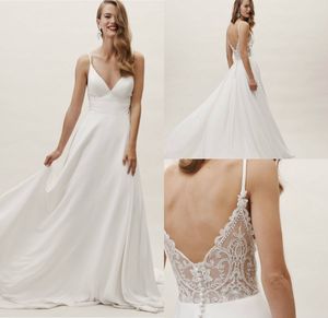 BHLDN 보헤미안 웨딩 드레스 스파게티 스트랩 라인 레이스 다시 부드러운 새틴 비치 웨딩 드레스 사용자 정의 만든 플러스 크기 신부 가운