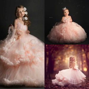 2020 Принцесса Светло Розовый Цветок Девушки Платья Spagheti Многоуровневые Оборки Пухлые Девушки Конкурс День Рождения Дети Платье Для Свадьбы