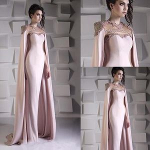 Gogliaste Syrenki Suknie Wieczorowe z Cape Koralik Crystal Cekinowy Satynowy Formalny Prom Dress Jewel Plus Size Arabski Dubai Wrap Suknie Wieczorowe