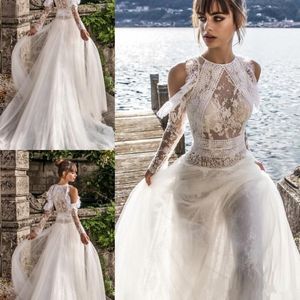 Vino Bohemian Julie Beach Dresses with Long Sleeve Lace Applique Jewel Neck Wedding Gowns Tulle Sweep Train Boho Bridal Dress
