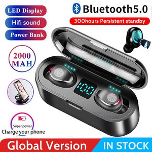 F9 Drahtlose Kopfhörer Bluetooth V5.0 TWS BT-Kopfhörer LED-Anzeige mit 2000-mAh-Powerbank Headset-Unterstützungsmikrofon für Telefone Sport-Kopfhörer-Ohrhörer Pink