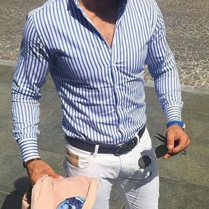 Erkek Gömlekler 2021 Casual Çizgili Gömlek Uzun Kollu Erkek Slim Fit Resmi Erkek Erkek Giyim