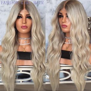 Long Womens Wigs Ombre Platinum Blonde Perucas Resistente ao Calor Parte Média Sintética Perucas Onduladas para Mulheres Afro-americanas