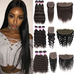 Human hair body wave straight deep water natural kinky curly bundles with lace closure frontal pre plucked transperant inches