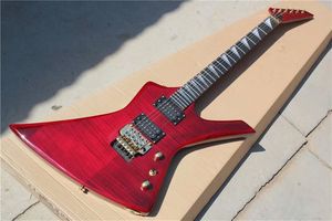 Chitarra elettrica rossa insolita personalizzata in fabbrica con impiallacciatura di acero fiammato, ponte Floyd Rose, hardware dorato, personalizzabile