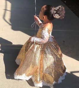 Gold Sequined Girls Pageant Dresses Long Sleeves White Lace Appliques Hi Lo Flower Girl Dresses Toddlers Teens Party Communion Dress