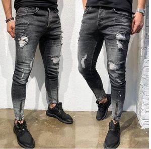 Mens Stylish Ripped Skinny Slim Jeans Fashion Designer Washed Zipper Panelled Biker Straight Frayed Stretch Denim Pants Streetwear Trousers