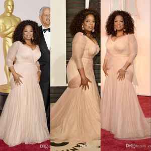 Oprah Winfrey Oscar Kändis Blush Rosa Brudens brudklänningar V Neck Tulle Långärmade Draped Sweep Train Party Formella kvällsklänningar