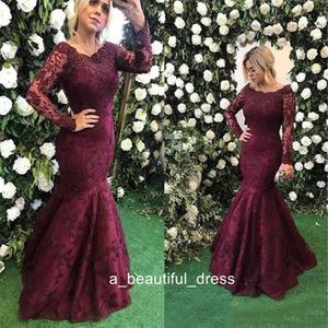 Grape Evening Dresses Sexy Scoop Neck Illusion Long Sleeves Mermaid Full Lace Crystal Beads Pearls Formal Party Dress Prom Gowns ED1312