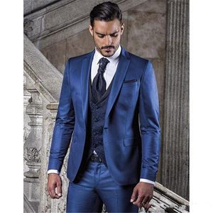 Mode Blue Groom Tuxedos Notch Lapel Groomsmen Mens Bröllopsklänning Man Jacka Blazer Prom Dinner 3 Piece Suit (Jacka + Byxor + Vest + Tie) 2266