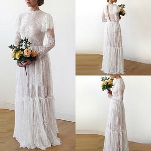 Vintage Country Wedding Sukienki ślubne suknie ślubne koronkowe iluzję długie rękawy Linia długość podłogi tanie boho ślubne suknie ślubne