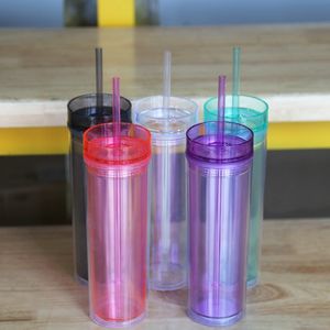 6 Colors 16OZ Skinny Acrylic Tumbler with Straw Double Wall Clear Plastic Cup BPA Free Straight water bottles Acrylic Travel Cup M1191