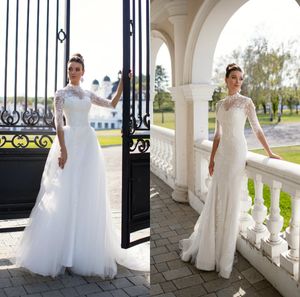 2020 Mermaid Bridal Gowns With Detachable Train High-neck Long Sleeves Wedding Dresses Appliqued Lace Custom Made Tulle Cheap Vestidos