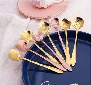 Colheres de aço inoxidável colheres de mesa banhada a ouro café Presente criatividade flor de sobremesa em forma de flor