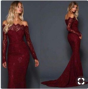 Burgund Elegante volle Spitze Meerjungfrau-Abschlussballkleider aus der Schulter lange Ärmel formale Kleider Abend Party Kleider Vestidos de Fiesta