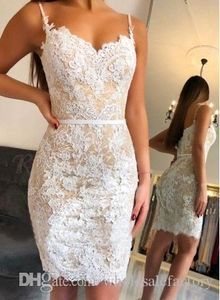 New Sexy Spaghetti Straps Short Homecoming Dresses 2020 Illusion Lace Appliques Sheath Short Party Graduation Prom Dresses Vestidos