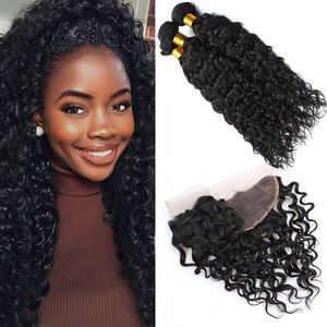 Malaysian Human Hair Water Wave Bundles With 13X4 Lace Frontal 4 Pieces/lot Wet And Wavy Natural Color