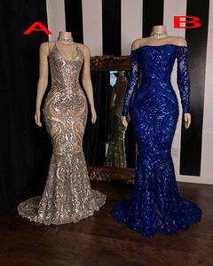 Glitzernde Pailletten-Applikationen-Meerjungfrau-Abendkleider, Königsblau und Silber, langärmelig, sexy afrikanisches schwarzes Mädchen-Abschlussball-Partykleid