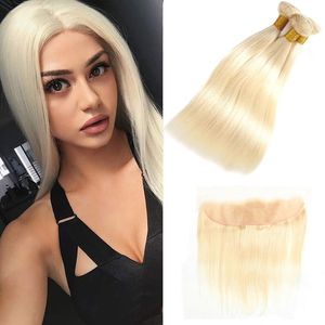 Peruvian 13X4 Lace Frontal With 3 Bundles 613# Blonde Straight Human Hair Extensions 4 Pieces/lot Straight Ear To Ear Frontal With Bundles