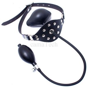 camaTech Leather Latex Inflatable Ball Gag Harness Oral Fixation Mouth Stuffed Mask Hood For Couples BDSM Restraints Bondage Toy Y191203