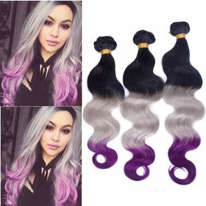 #1B/Grey/Purple Ombre Brazilian Human Hair 3Bundles Body Wave Double Wefts Black Roots Grey Purple 3 Tone Ombre Human Hair Weave Extensions