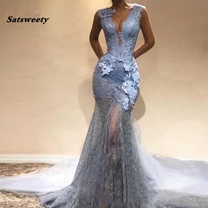 Abendkleider Dusty Blue Lace Long Mermaid Sukienki Prom Seksowne suknie na bal