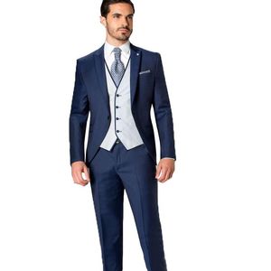 Wysokiej jakości jeden przycisk Navy Blue Groom Tuxedos Peak Lapel Mężczyźni Garnitury 3 Sztuki Wedding / Prom / Dinner Blazer (Kurtka + Spodnie + Kamizelka + Krawat) W607