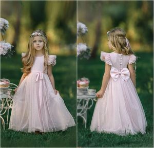 Sweet Flower Dresses Princess Baby Pink Back Bow Wear For Wedding Floor Length Short Bubble Sleeve Girls Party Dress