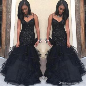 Sexy Amazing Black Prom Dresses Spaghetti Mermaid Ruffles Długość podłogi Kryształ Frezowanie Formalne Wieczorowe Suknie Party Vestidos Dostosowane