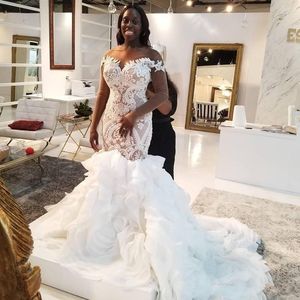 New Arrival African Mermaid Wedding Dresses Illusion Long Sleeve Lace Ruffles Tiered Court Train Plus Size Wedding Dress Bridal Gowns