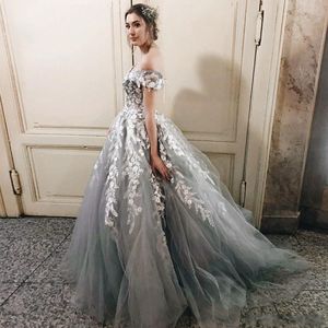 3D Çiçek Aplike Dantel Gümüş Gelinlik Gelin Törenlerinde İmparatorluğu Bel Kapalı Omuz V Yaka Tül Düğün Resepsiyon vestidos de novia ucuz