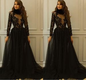 High Neck See Though Top Black Evening Dresses Formal For Special Occasion Women 2020 Lace Applique Tulle Empire Waist Prom Party Dress