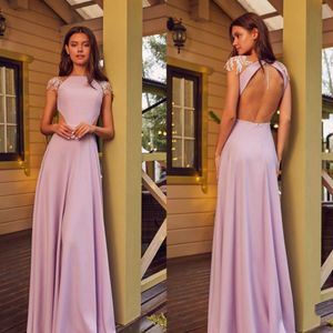 Ljus lila kvällsklänningar Sheer Jewel Neck Kortärmad Satin Prom Klänning Backless Lace Appliqued Formella Long Party Gowns